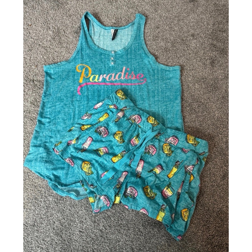 Women Pajama Sets Bundle 2pc Shorts Tank Top Paradise High Tides Blue Teal S